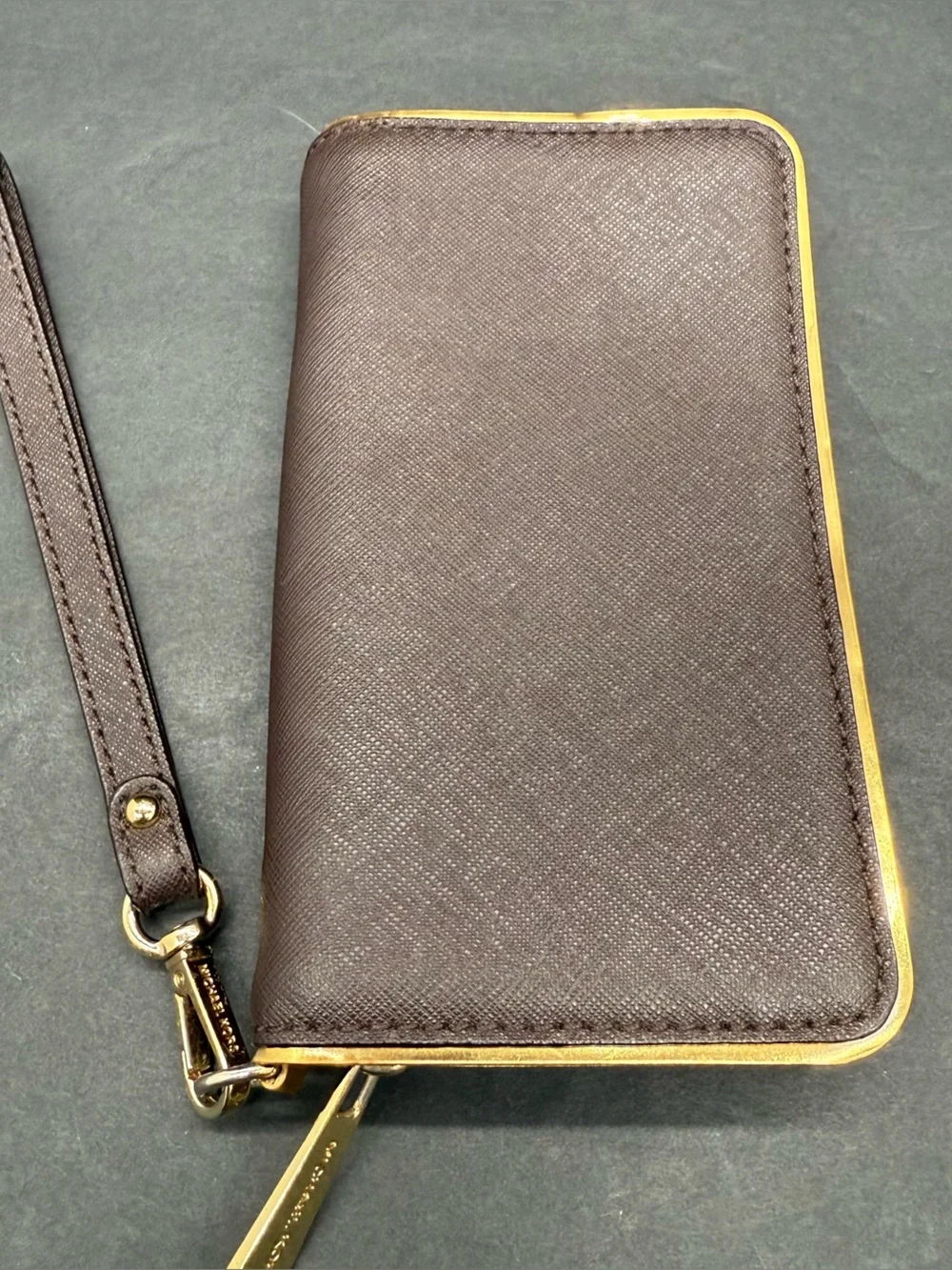Michael Kors Chocolate Brown Saffiano Zip Wristlet with Gold Hardware